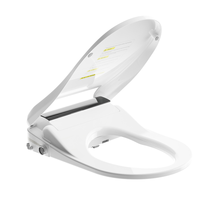 Lumina Ultimate Luxury Bidet Seat with lid open, showing the sculpted seat and hidden nozzle housing