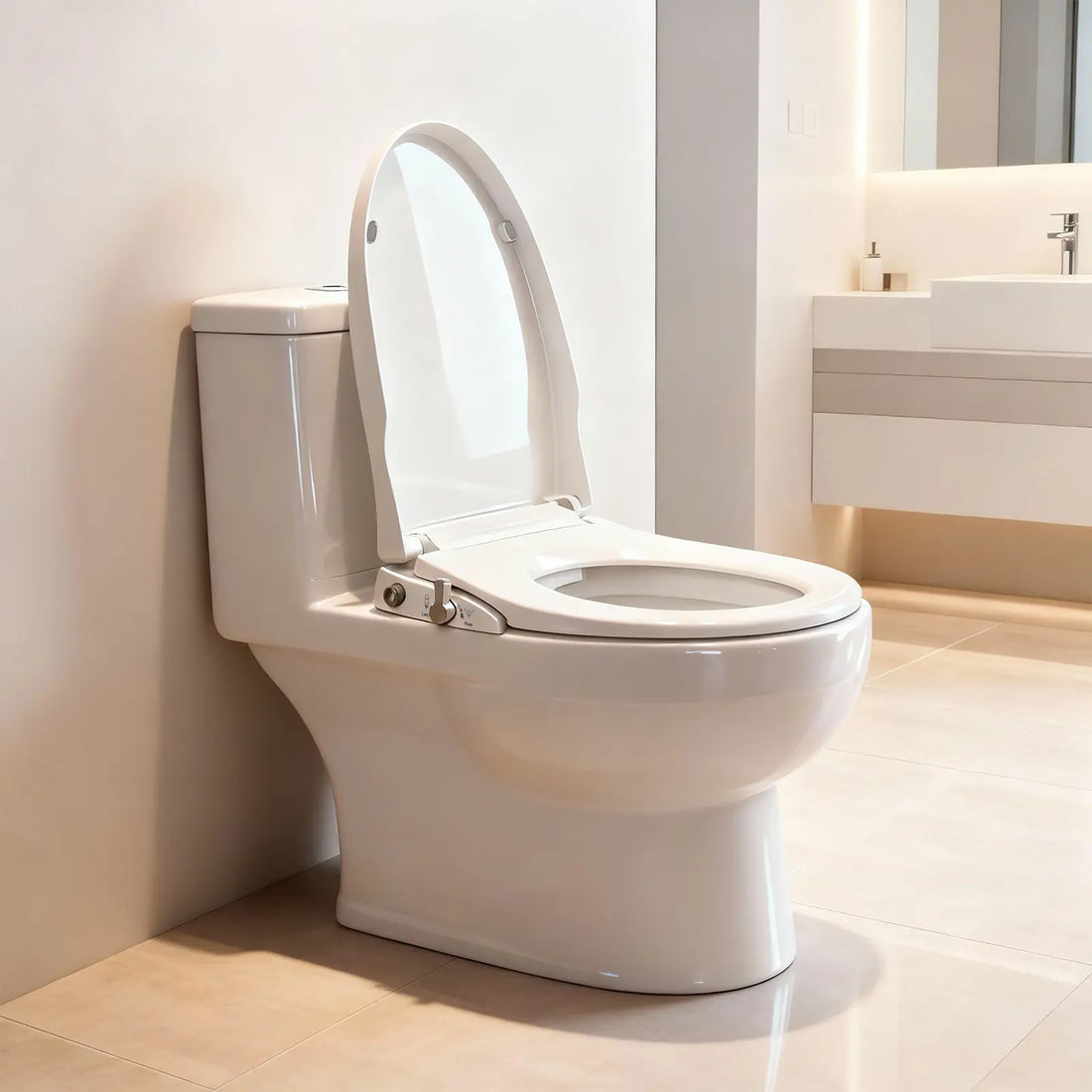 Purea non-electric bidet seat with soft-close lid, adjustable water pressure, modern bathroom design