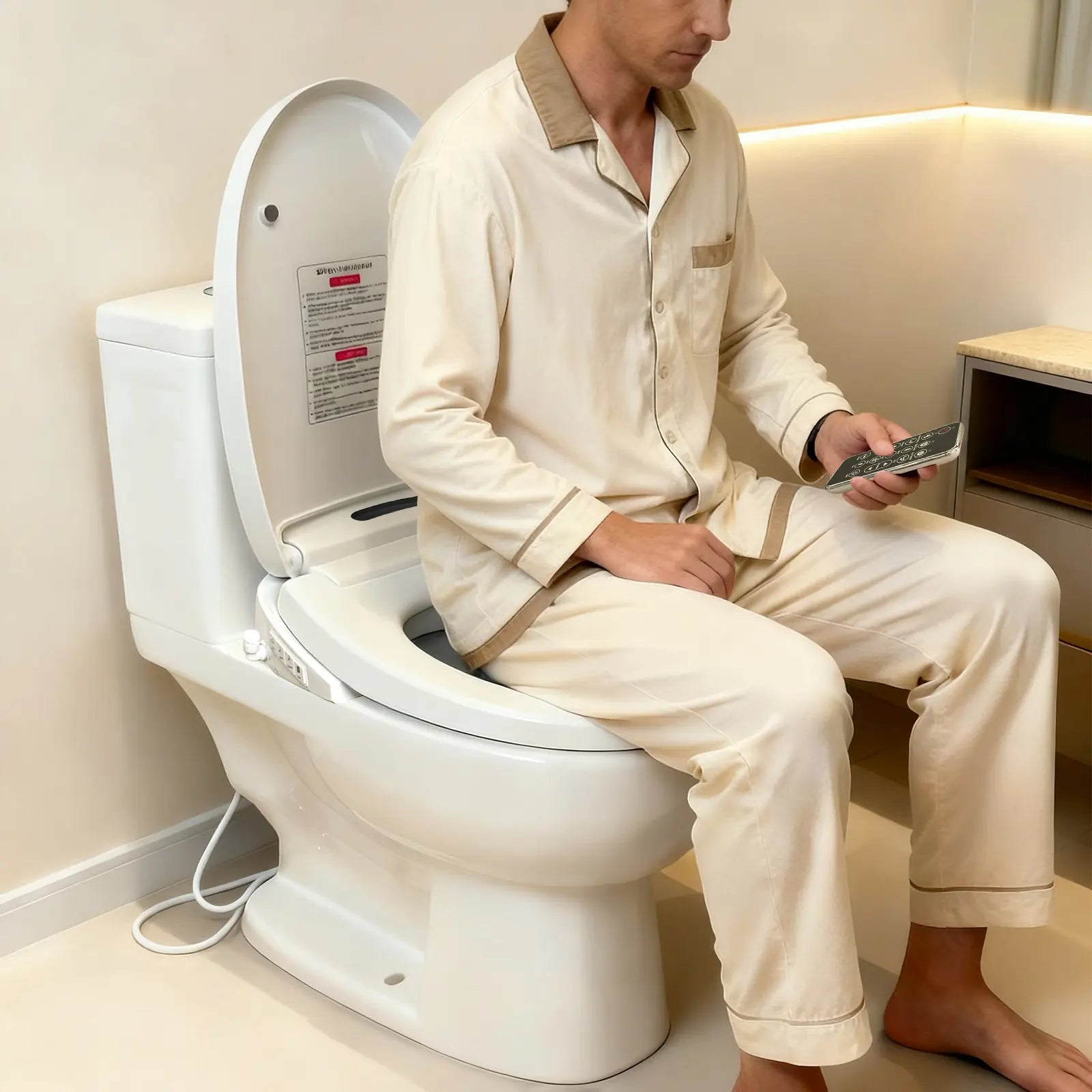 Person using Aether intelligent bidet seat with warm water cleaning, featuring customizable settings and modern smart bathroom design.