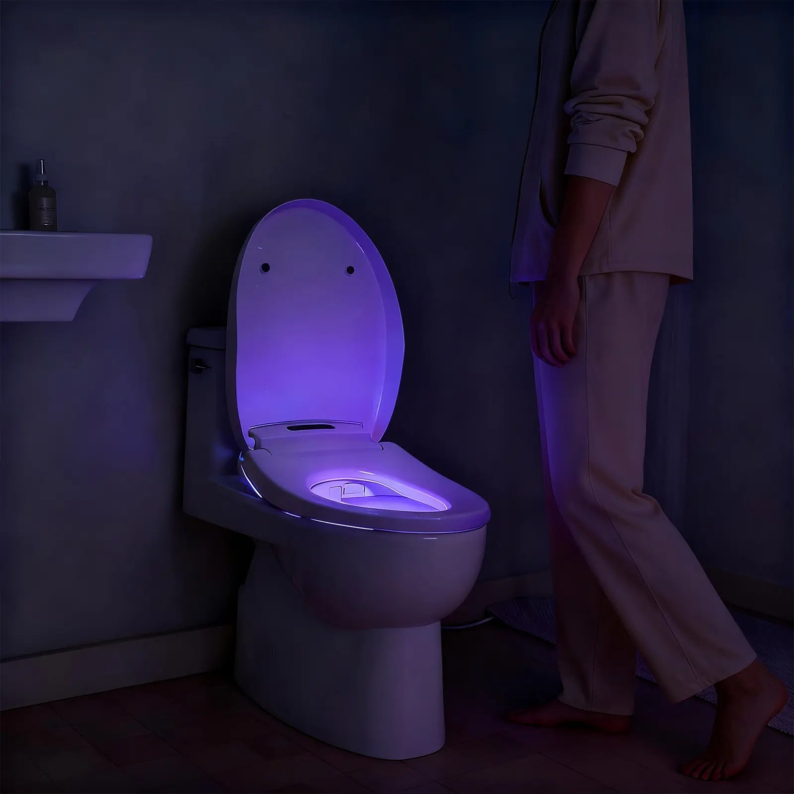 Slim modern bidet seat with built-in night light in contemporary bathroom
